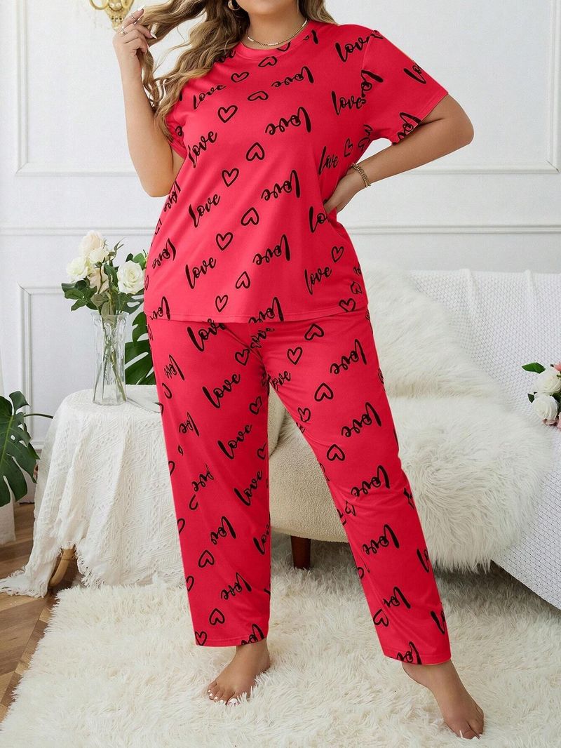 Women's Sleepwears Large Size Home Clothes Plus Size Plus Size Love Round Neck Short Sleeved Trousers_voghion.com