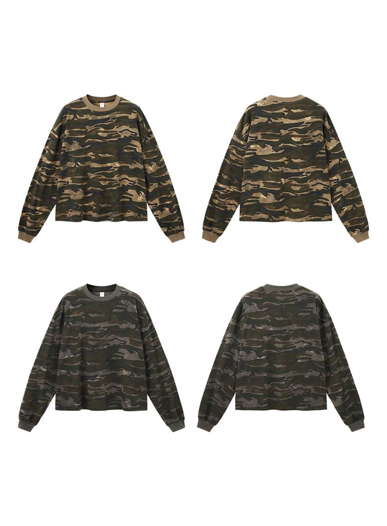 Streetwear Camo Box Fit Long Sleeve T-Shirt For Men – Oversized Relaxed Crew Neck Tee (Dark Grey Camo, Khaki Camo)_voghion.com
