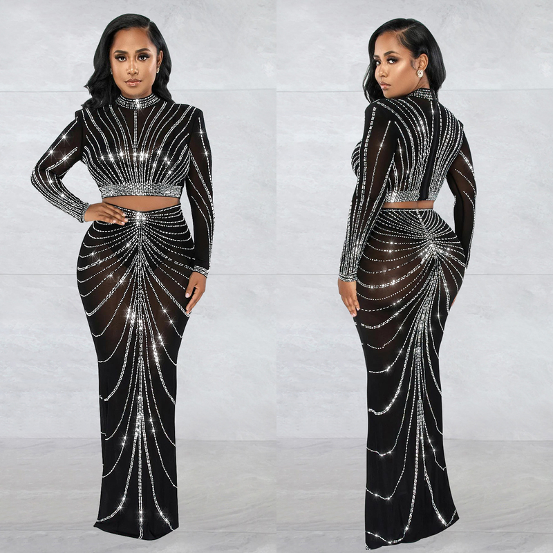 Kadın Giyim Mesh Mesh See Through Uzun Kollu Uzun Etek İki Parça Set_voghion.com