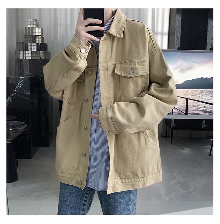 Red Jeans Jacket Loose Stretch Simple Solid Color Single Breasted Casual Denim Outwear_voghion.com