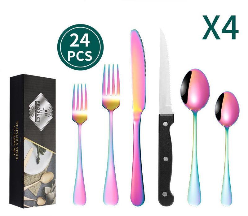 Knife, fork, and spoon stainless steel tableware set of 24 pieces, four person tableware, steak, knife, fork, and spoon_voghion.com