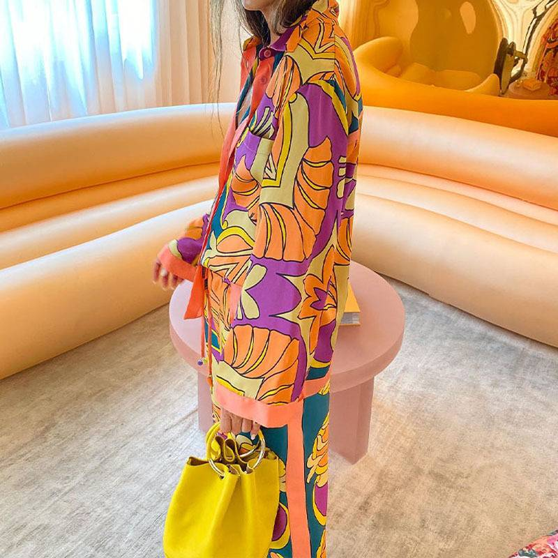 Set di pantaloni con stampa etnica vintage, set coordinati con stampa boho, top casual a maniche lunghe, pantaloni con elastico in vita, set da due pezzi_voghion.com