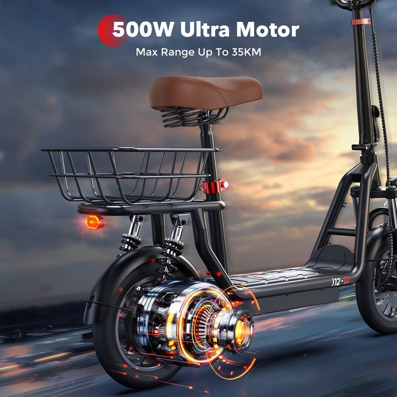 iScooter i12 sähköpotkulauta aikuisille istuimella, 500 W 12" kaksoisjousituksella, työmatkaskootteri korilla, korkeussäädettävä istuin ja ohjaustanko_voghion.com