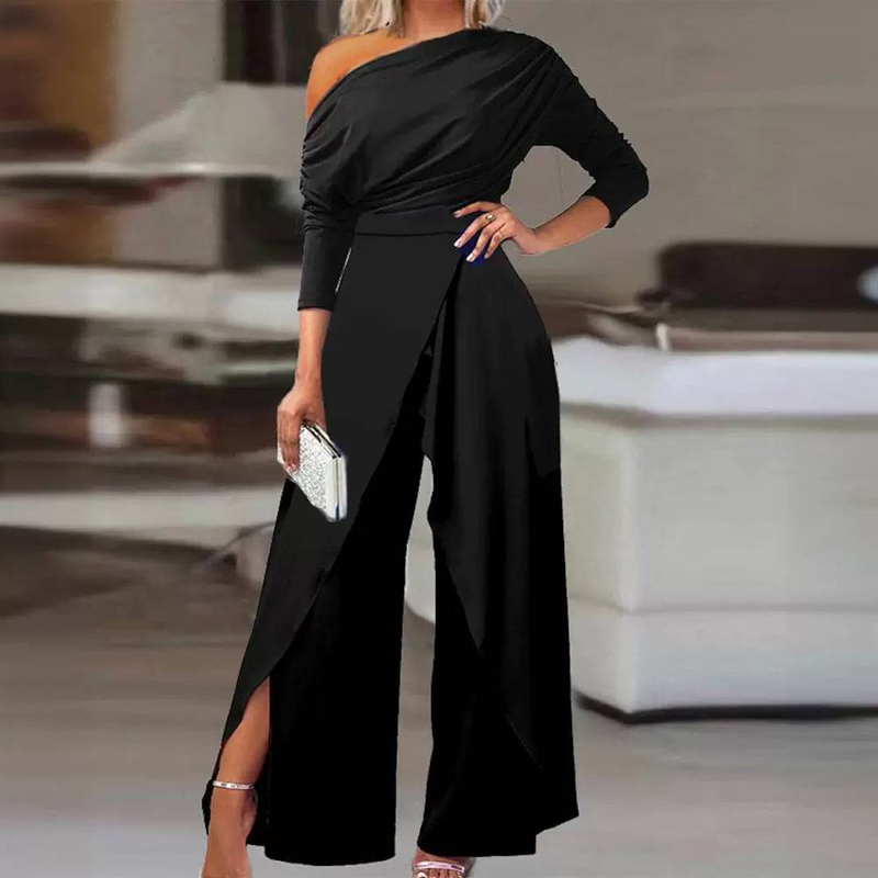 2025 Spring Jumpsuits For Women Plain Elegant Office Lady Loose Ruched One Shoulder Split Hem Wide Leg Jumpsuit_voghion.com