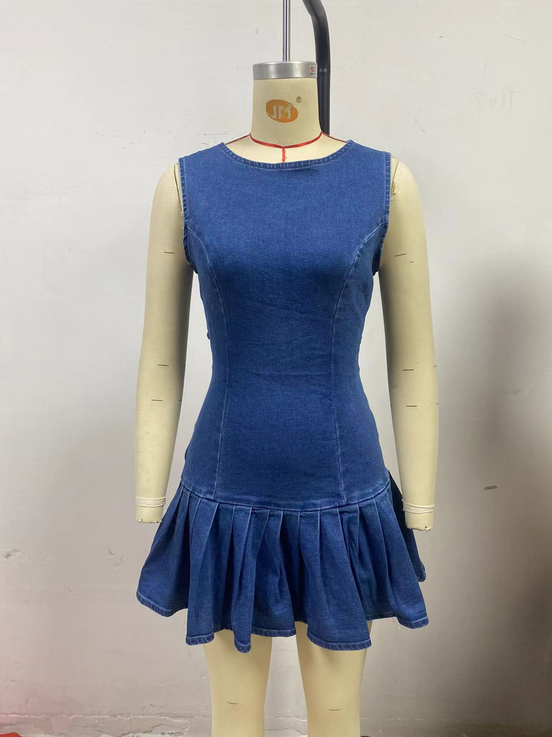 Abito in denim senza maniche con vita plissettata, alla moda e sexy_voghion.com