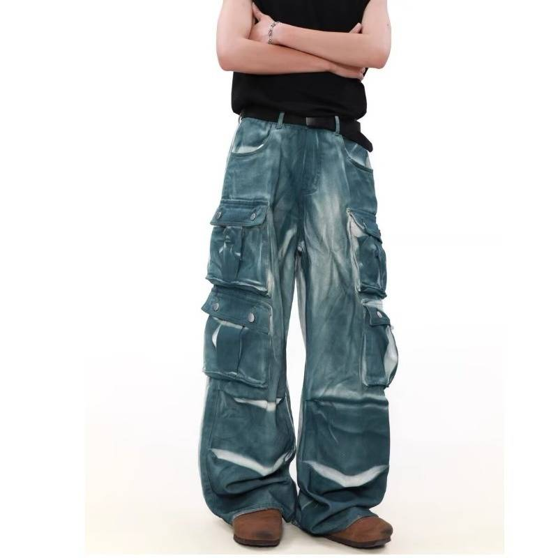 Herrenbekleidung Retro Washed Tie Dye Vintage Washed Tie-Dye Gradient Multi-Pocket Cargo Pants für Männer & Frauen - Wide Leg Distressed Denim Jeans_voghion.com