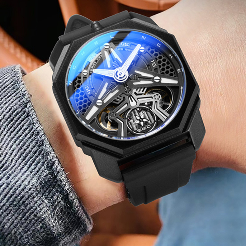 Herren-Skelettuhr mit leuchtenden Zeigern, wasserdicht bis 30 m, Quarzwerk, tonnenförmigem Gehäuse, Silikonarmband – stilvoll und langlebig für die Freizeit_voghion.com