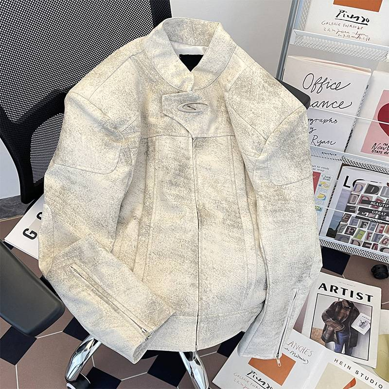 Giacca da motociclista decostruita – Cappotto unisex in similpelle all'avanguardia con spalline e cerniere in metallo (M-2XL, nero/bianco, vestibilità retrò oversize)_voghion.com