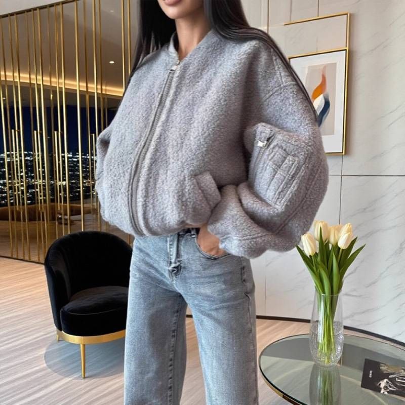 Women's Fleece Stand Collar Pullover Hoodie Long Sleeve Loose Fit Jacket With Big Pockets For Autumn Casual Streetwear MG598_voghion.com