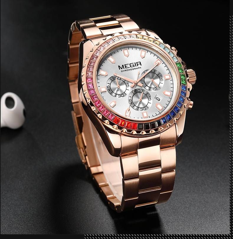 Orologio da uomo con lunetta arcobaleno e diamanti – Orologio al quarzo impermeabile in acciaio inossidabile da 46 mm con data e lancette luminose_voghion.com