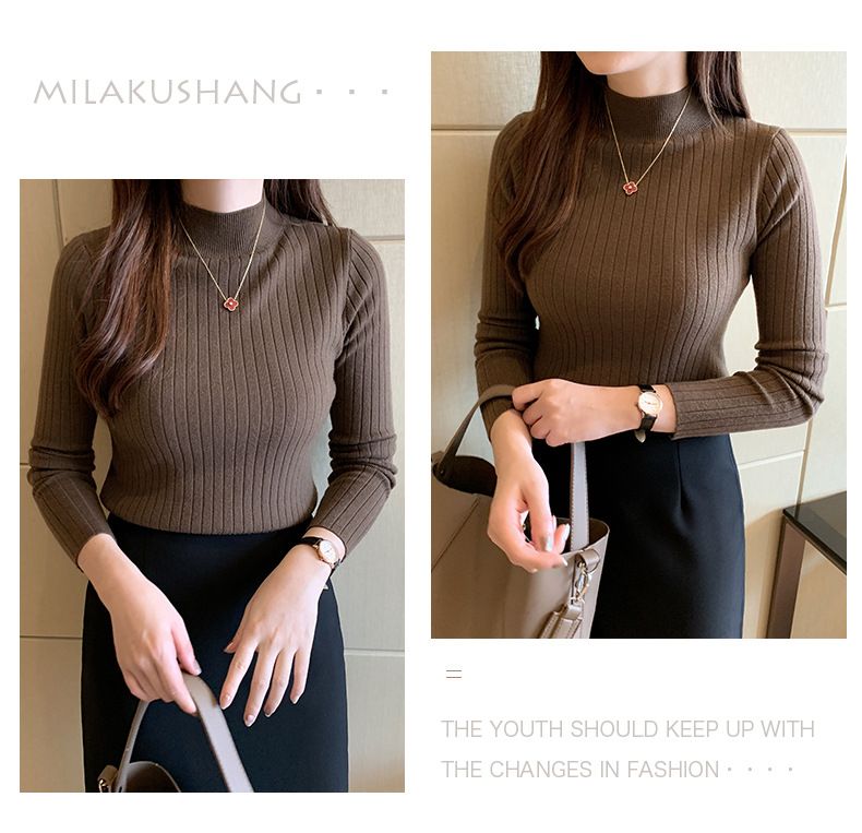Autumn Winter New Women's Half-Polo Turtle Neck Knit Sweater Solid Color Base Layer Top Inner Outer Wear Stylish Medium Length_voghion.com