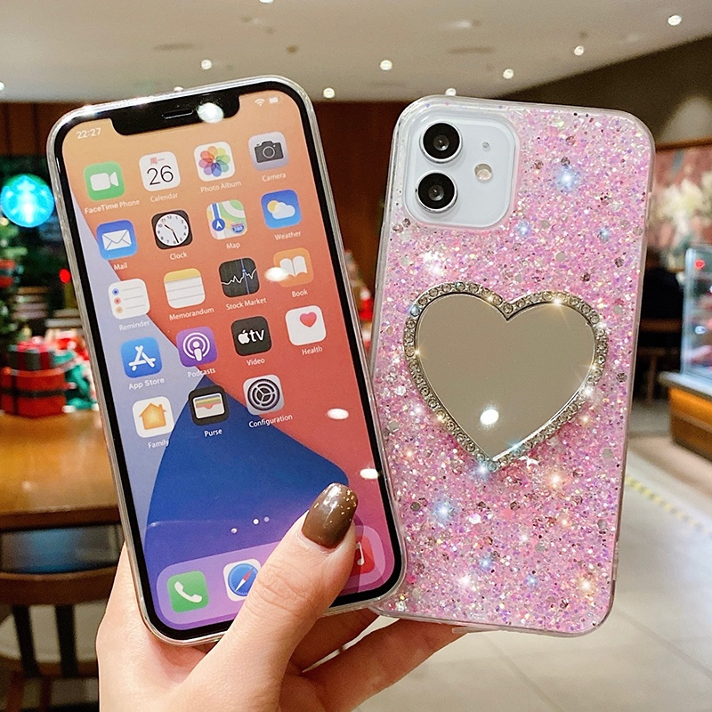 Telefoon Geval Voor Samsung Galaxy A54 A34 5G SamsungA34 Glanzende Diamant Zilver Perzik Hart Make-Up Spiegel Silicagel Soft cover_voghion.com