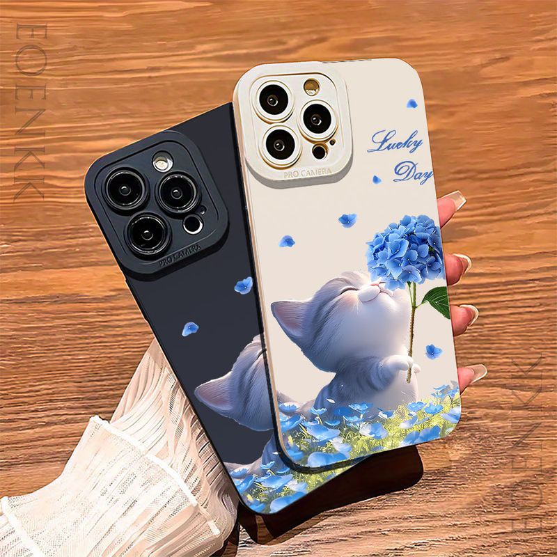 Custodia per telefono Lucky Cat Blue Flowers per iPhone 16 15 14 13 12 11 Pro Max 12 13 Mini XS XR X 8 7 14 15 Plus Cover morbida in silicone_voghion.com