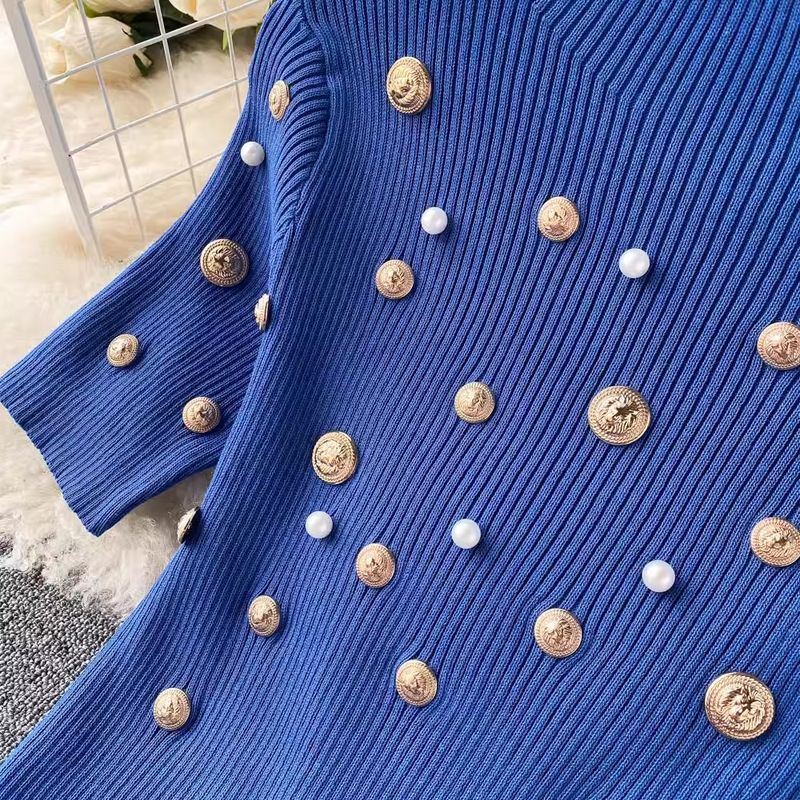 Haut tricoté à perles lourdes pour femmes, coupe cintrée, haut court en maille, jupe mi-longue, ensemble deux pièces_voghion.com
