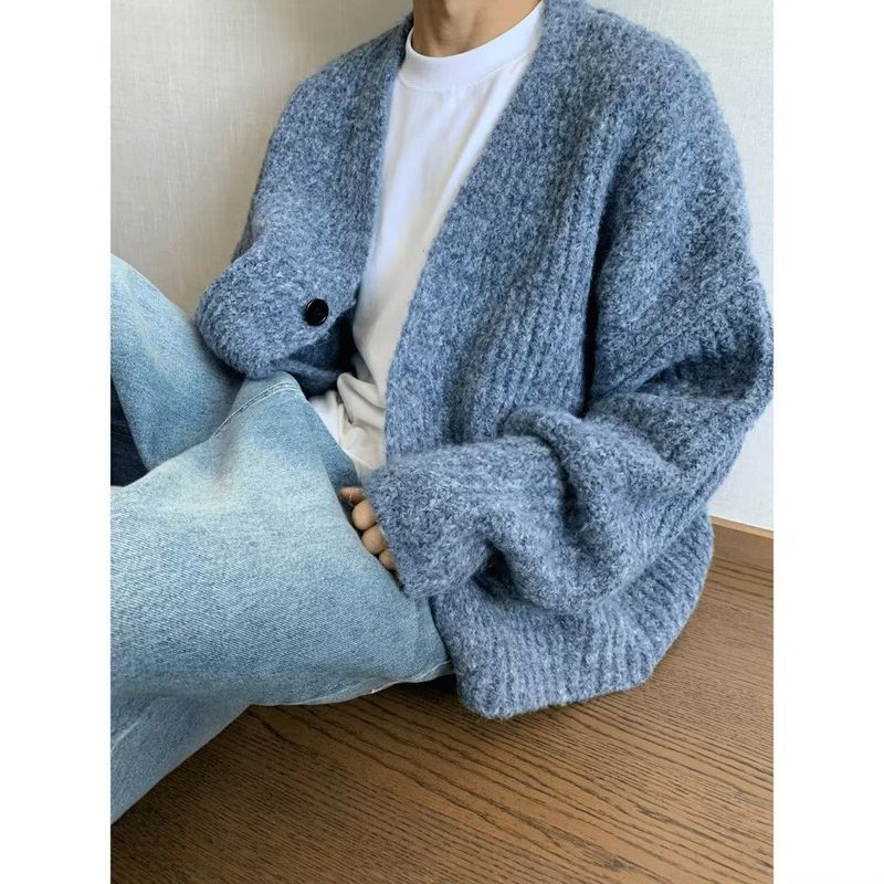Men's Oversized Knit Cardigan – Japanese Minimalist Open Front Sweater (Brown/Blue, M-3XL)_voghion.com