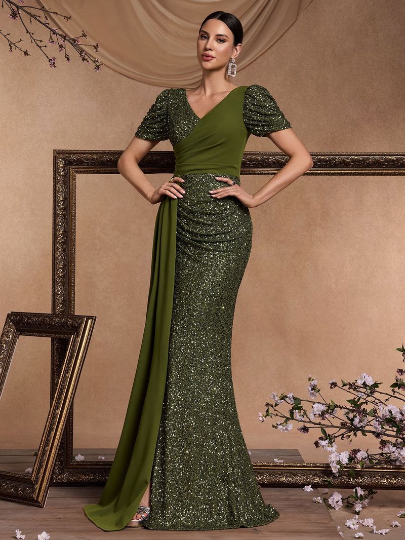 Damenbekleidung Neues elegantes, perlenbesetztes Patchwork-Kleid mit V-Ausschnitt und kurzen Ärmeln, Temperament, wunderschön, edel, für Cocktailpartys und formelle Abendessen_voghion.com