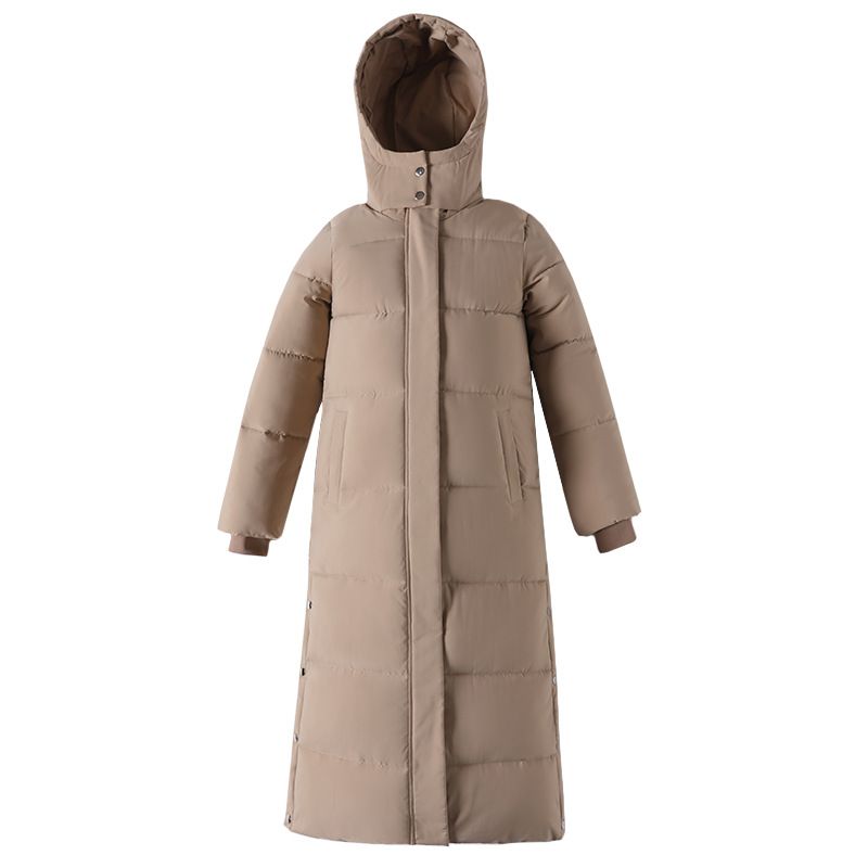Piumino lungo da donna, caldo, invernale, oversize, con cappuccio e tasche, lunghezza al ginocchio (cachi, verde, nero, beige)_voghion.com