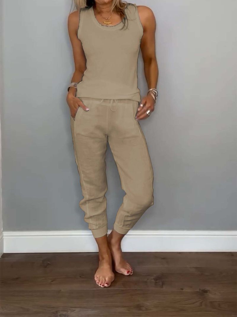 Women's Clothing Summer And Autumn Cotton And Linen Vest Drawstring Casual Pants Set_voghion.com