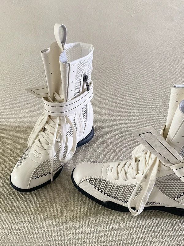Women Boxing Boots Instant Dispatch ~ Niche Design Thin Mesh For Women Summer Outdoor Wear Height Increasing Boxing Boots Lace-Up Hollow_voghion.com