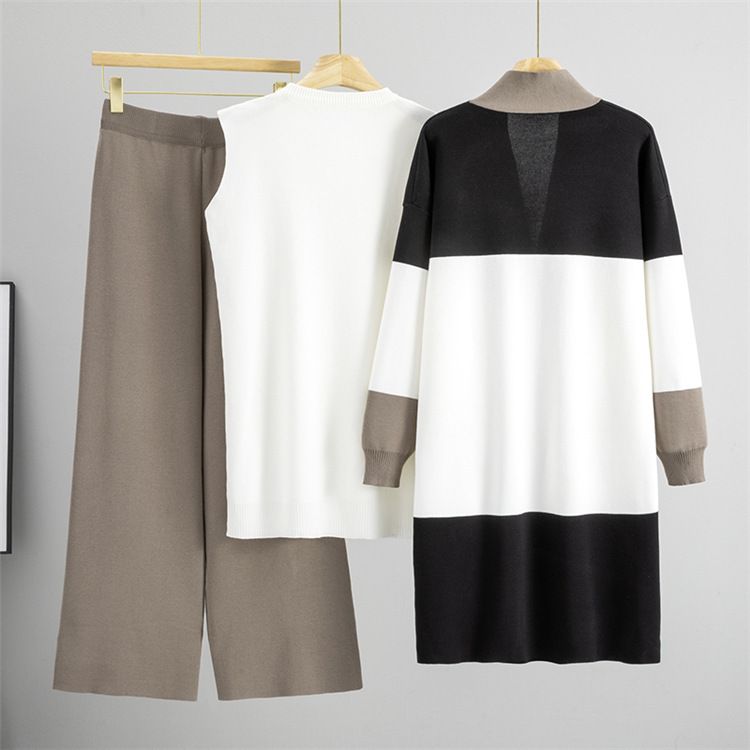 Completo elegante con cardigan in maglia e pantaloni a gamba larga per donna - Completo casual autunnale in tre pezzi in nero, bordeaux, caffè, grigio e cammello_voghion.com