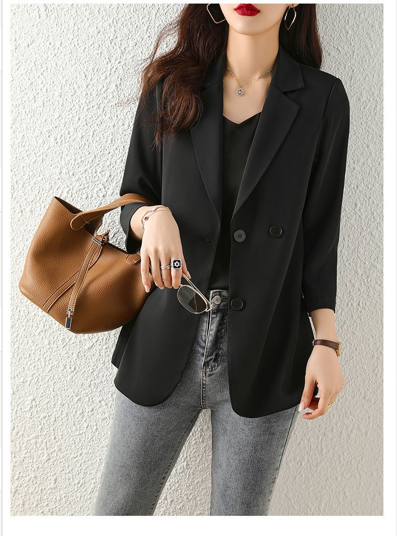 WTEMPO Spring Summer Suit Jacket Women's Fashion Thin Three-Quarter Sleeve Casual Blazer Outerwear Lightweight Split_voghion.com