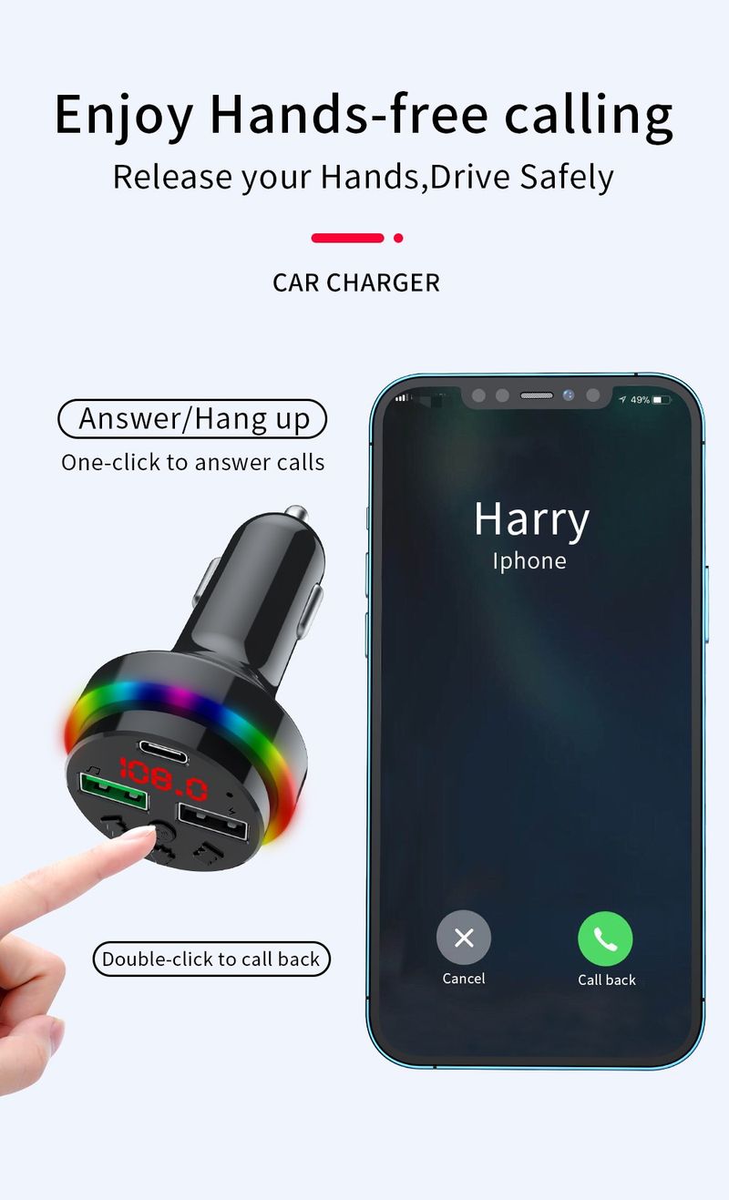 Car Charger Mobile Phone Charger Bluetooth Hands-free Call USB TYPE-C Port with Charging Function FM Transmission Frequency Colorful Ambient Light_voghion.com