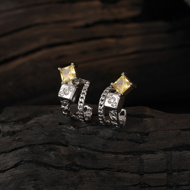 Orecchini a clip con zirconi gialli e catena, personalità, stile cool, doppio strato, nicchia_voghion.com