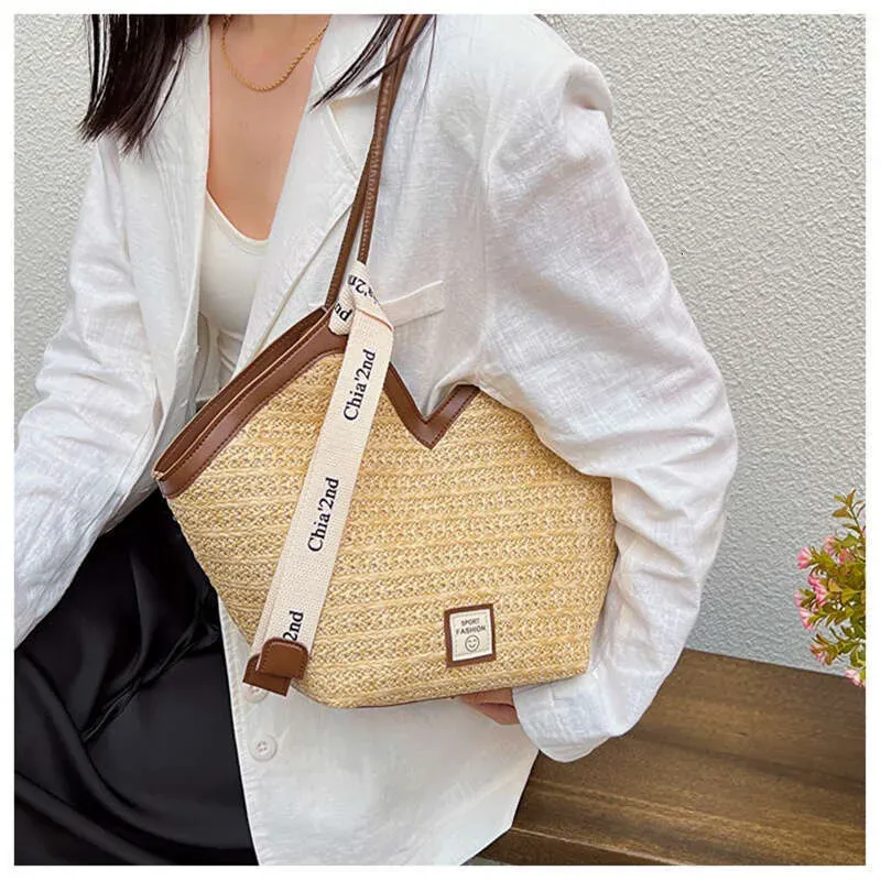 Bolso tote de paja de diseño playero, bolso de hombro de gran capacidad para mujer, ideal para el verano -_voghion.com