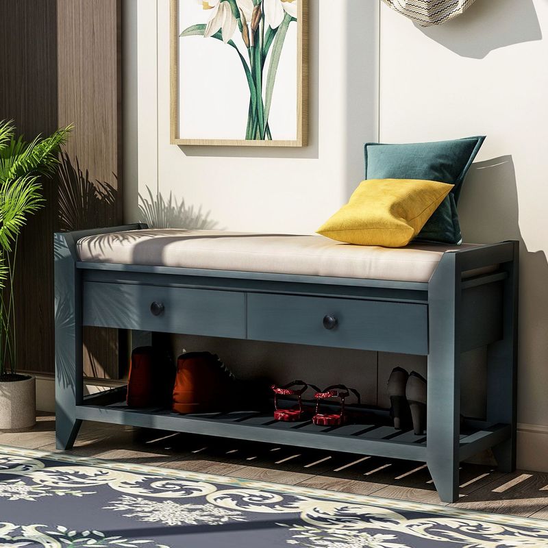 Shoe Rack With Cushioned Seat And Drawers,Multipurpose Entryway Storage Bench_voghion.com