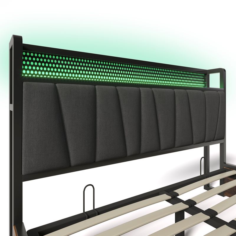 Cadre de lit en métal Polsterbett avec éclairage LED et application de contrôle pour lit double 140 x 200 cm, tête de lit et matelas à chargement USB inclus_voghion.com