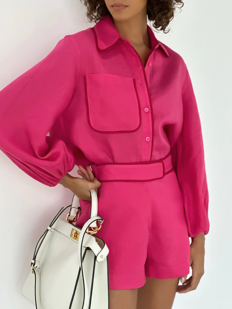 Completo da donna a maniche lunghe in cotone e lino da pendolare per donna, set casual con camicia rosa e pantaloncini in due pezzi_voghion.com