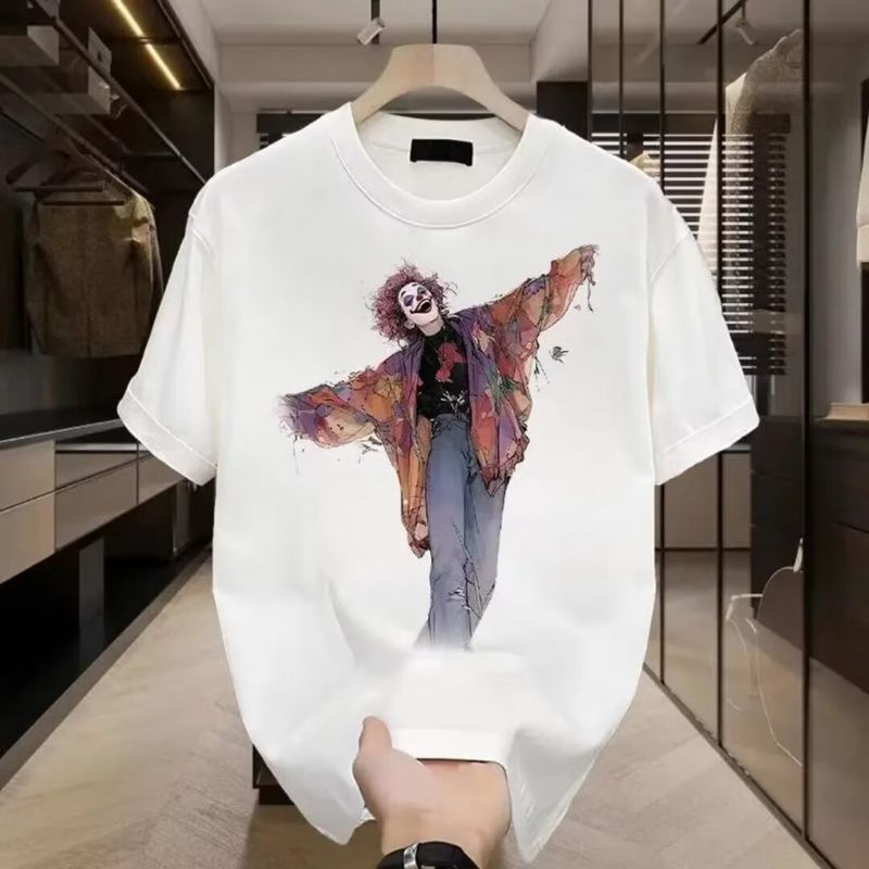 Herrkläder Kraftig bomull, kortärmad t-shirt Herr sommar Nytt moderiktigt tryckt rund halsringad micro lös All-match Casual halvärmad topp_voghion.com