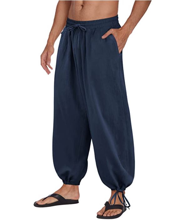 Man's clothing Yoga pants men's solid color casual pants loose cotton hemp drawstring bloomers sweatpants_voghion.com