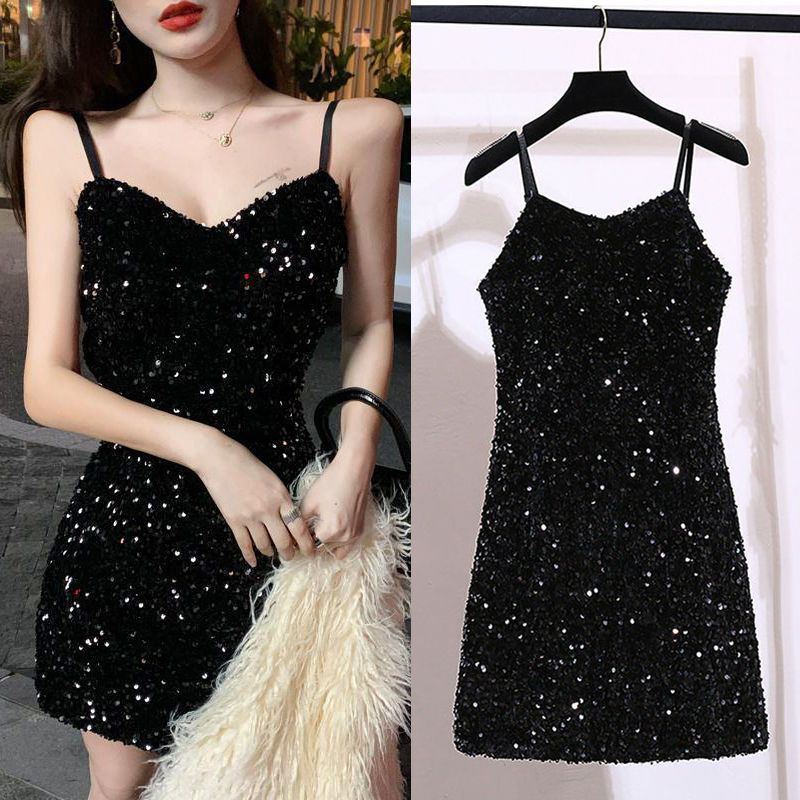 Abito corto da donna con spalline in paillettes, per feste, discoteca, piccolo locale notturno, nero, attillato e sexy, Hongzhi_voghion.com