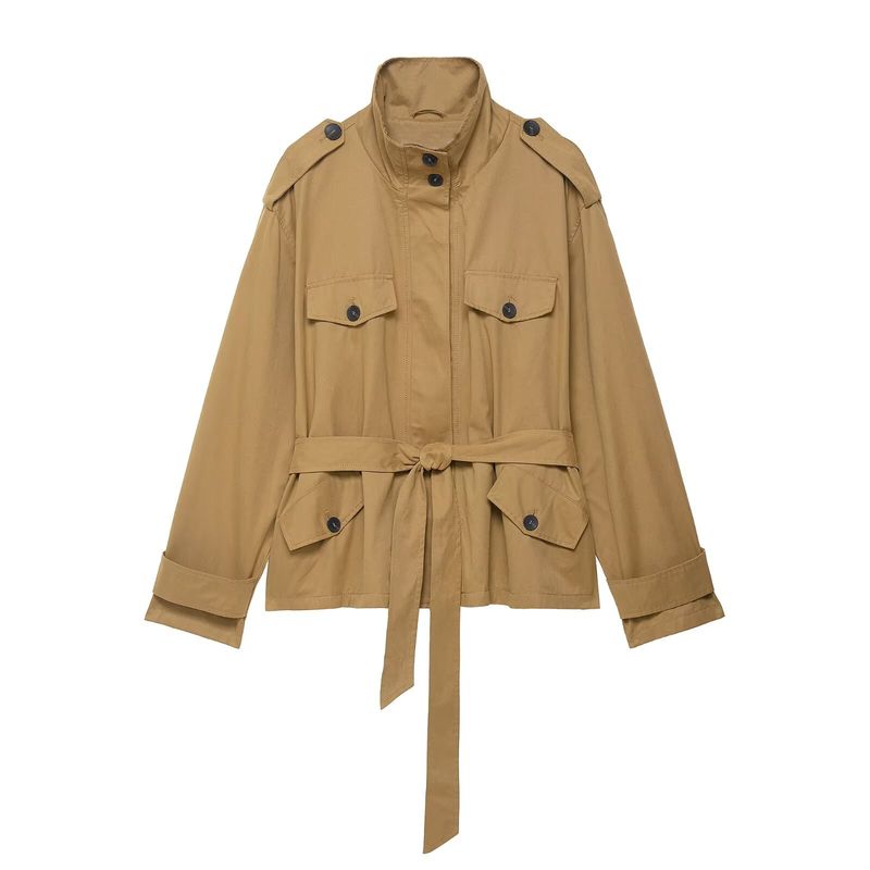 Chaqueta utilitaria de otoño para mujer con cinturón - Elegante gabardina corta para moda urbana (Caqui, S/M/L)_voghion.com