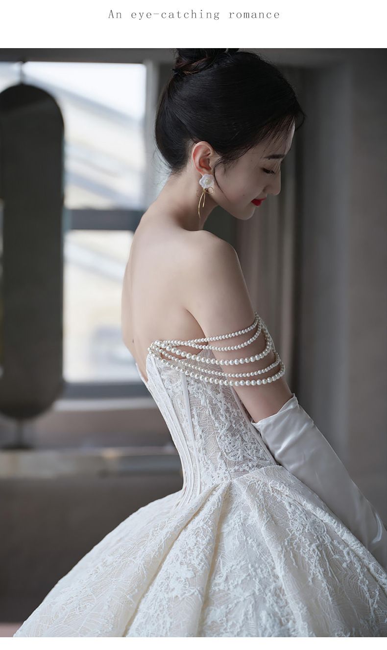Elegant Strapless Wedding Dress – French-Inspired Vintage Lace Gown With Detachable Train, Plus Size & Petite Friendly, Romantic Boho Bridal Gown_voghion.com