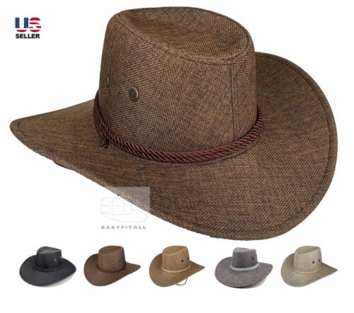 Men's linen mesh summer Cowboy hat bucket hat Fedora wide brim fishing sun_voghion.com