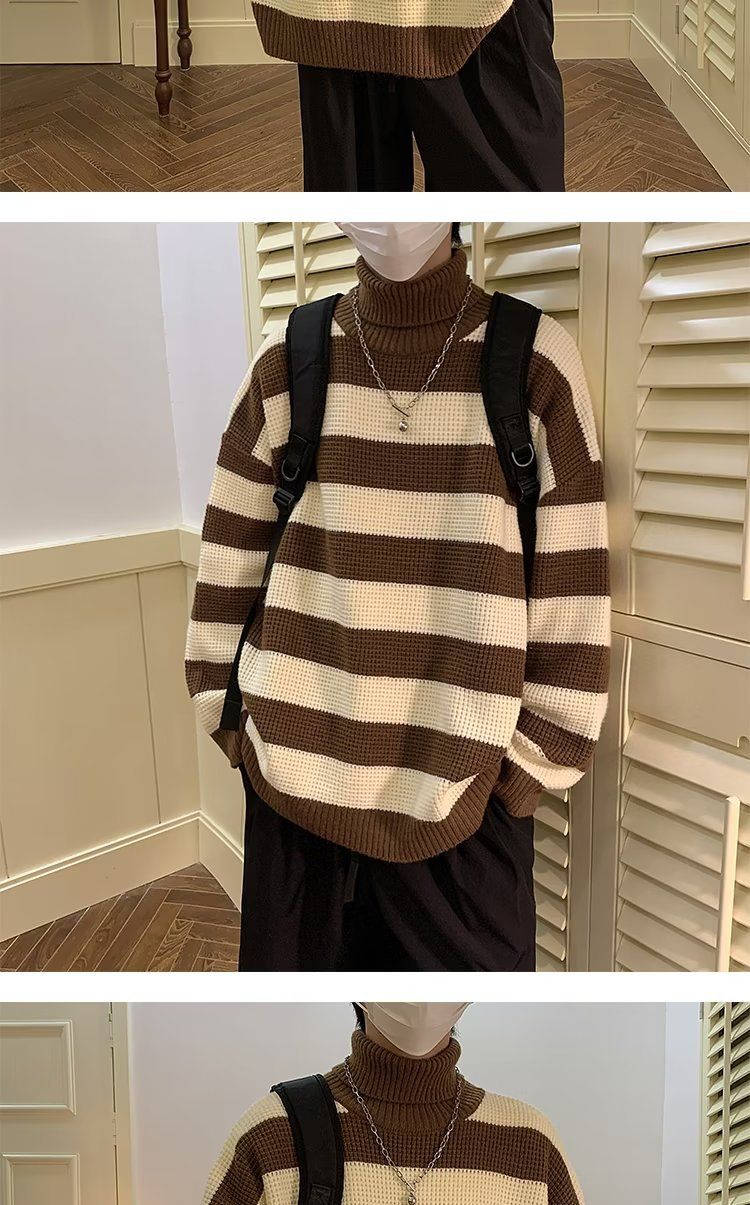 Maglione a collo alto a righe bianche e nere per uomo, stile retrò giapponese, pigro e di alta qualità. Maglione lavorato a maglia con inserti a contrasto_voghion.com