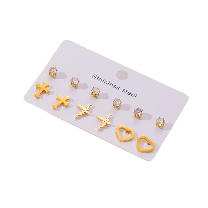 1 Set Simple Style Geometric Heart Shape Butterfly Irregular Plating Titanium Steel Zircon Ear Studs_voghion.com