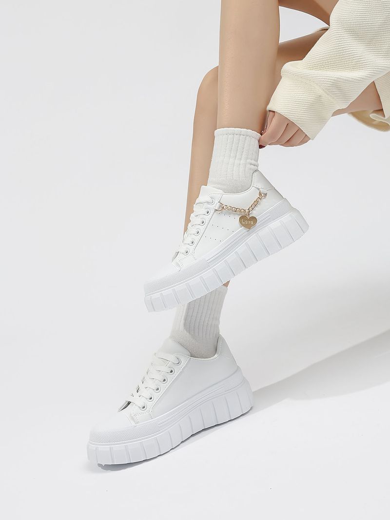 Chaussures pour femmes, nouvelles chaussures pour femmes de grande taille, semelle épaisse, chaussures de sport décontractées, chaussures plates blanches avec chaîne en métal pour femmes_voghion.com