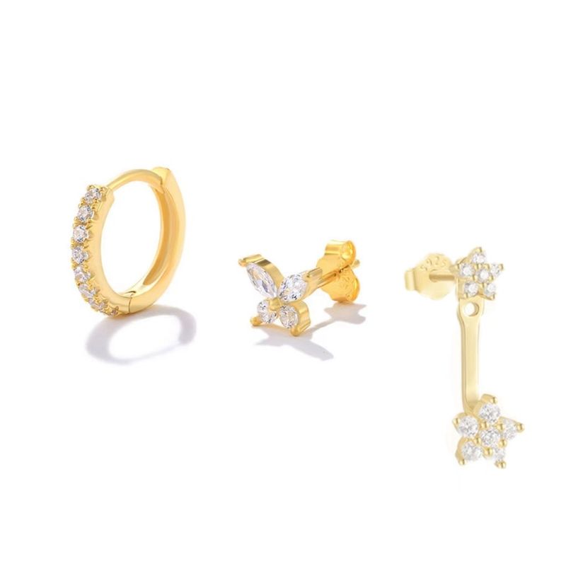 Real Gold Brass Electroplating, Hot Selling Across, Cute Luxury Earrings With Zircon Stars And Butterflies, Three Piece Set_voghion.com