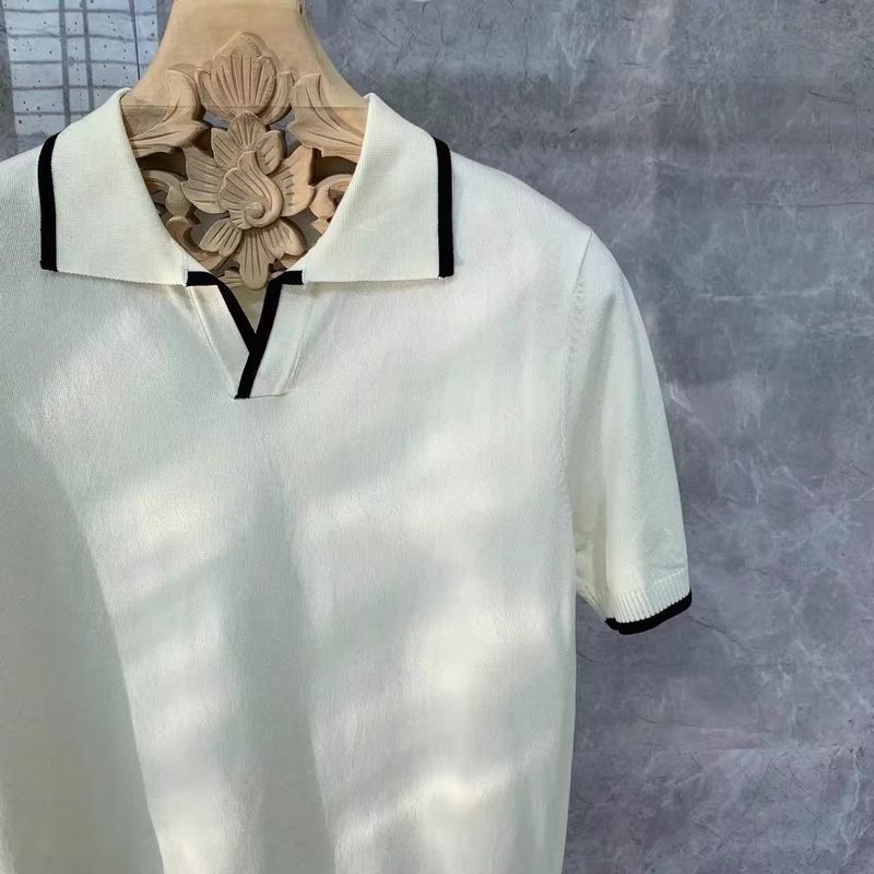 Männerkleeder Summer Kontrastfaarf mëll bequem reife Trend Mark gestrickte Poloshirt Männer Retro Revers Kuerzärm T-Shirt_voghion.com