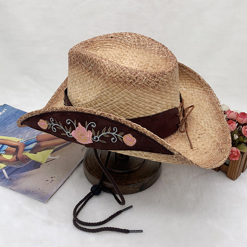 Handgewebter Cowboyhut aus Raffiagras mit Sonnenschutz und gerolltem Rand, bestickter Strohhut_voghion.com