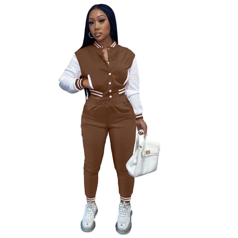 Patchwork Single-Breasted Baseball Jacket Women's Sports Two-Piece Set_voghion.com