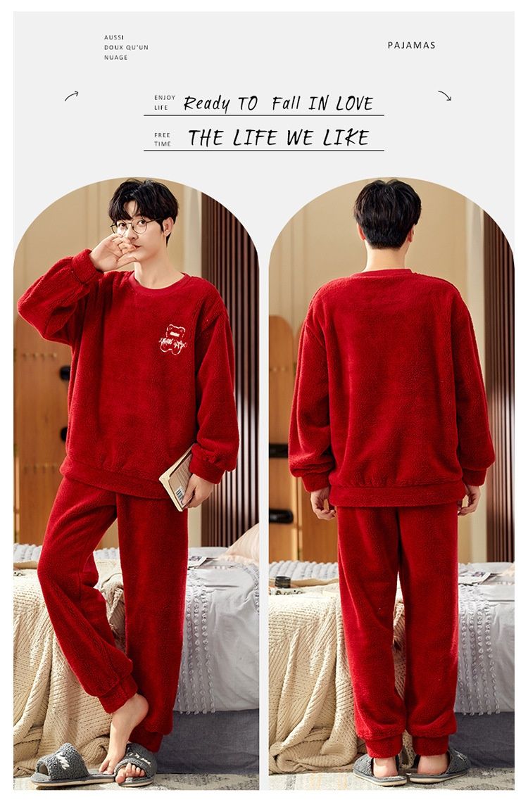 Korallenrote Nachtwäsche Winter 2023, neues langärmeliges, dickes Flanell-Heimanzug-Set für Herren_voghion.com