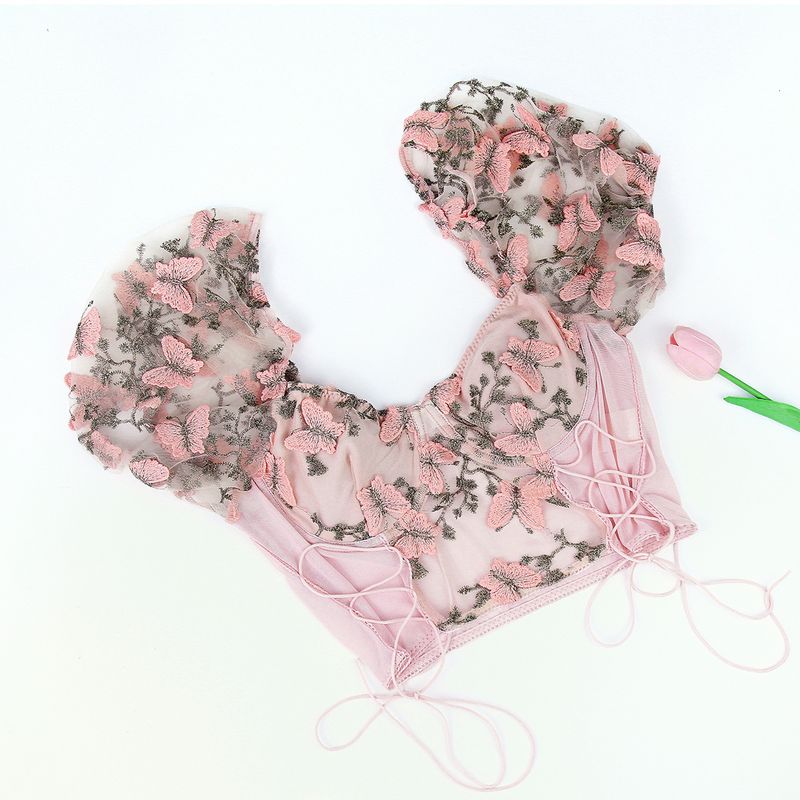 Maglietta da donna a maniche corte con scollo a V e ricami a farfalla, in rete trasparente con cuciture, slim fit_voghion.com