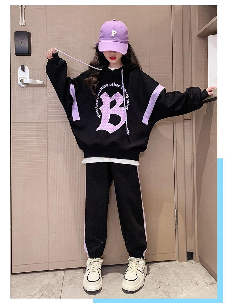Tenue de sport printemps-automne pour filles, nouveau style 2024, pull à capuche ample pour enfants de taille moyenne et grande, ensemble deux pièces_voghion.com