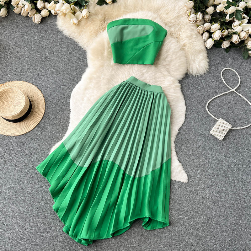 Women's Summer Contrasting Color Tube Top, Irregular Pleated Skirt, Trendy_voghion.com