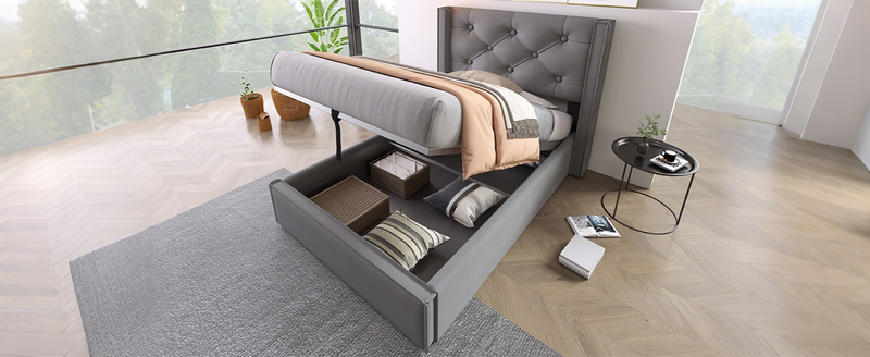 Lit simple avec rangement hydraulique 90 x 200 cm, matelassé avec sommier à lattes métalliques, cadre de lit moderne en coton gris._voghion.com