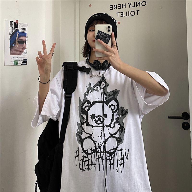 Men's Clothing summer new fashion brand pure cotton bear cartoon print men's Korean loose short sleeved T shirt men's couple wear_voghion.com